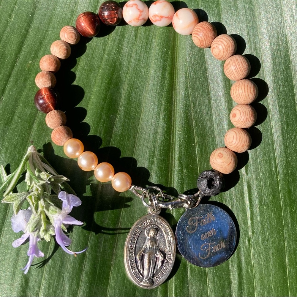 Wooden Beaded Bracelet with Miraculous Medal & Faith over Fear Charms - Picture 3 of 8